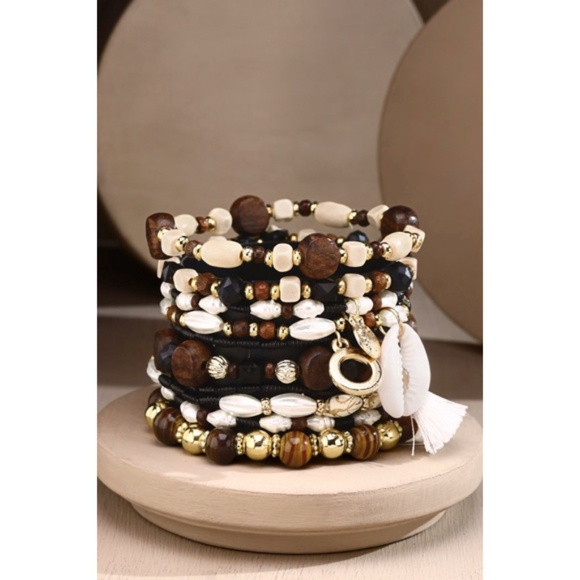 Brown 10 Layered Bohemian Stack Stretch Bracelet Set w/ Charms Cowrie Tassel - Picture 2 of 4